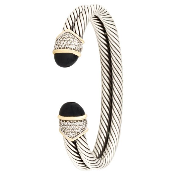 DAVID YURMAN STERLING SILVER & 18K YG ONYX & DIAMOND CAPRI CUFF BRACELET - Picture 2 of 10